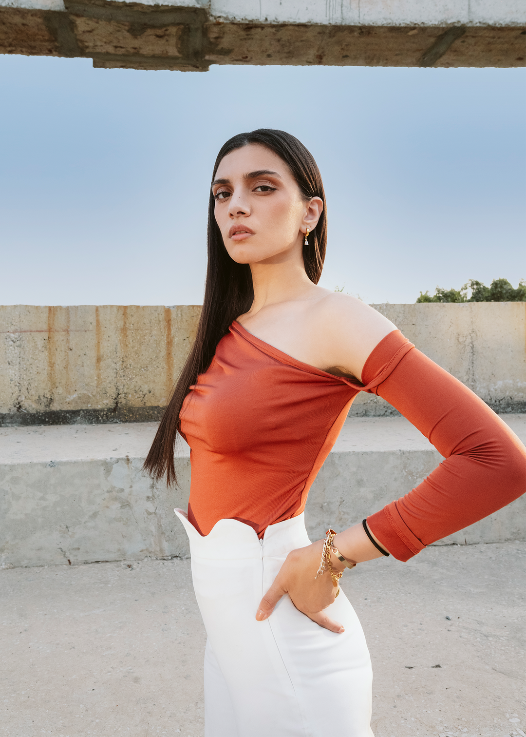 Apricot Asymmetric neck bodysuit