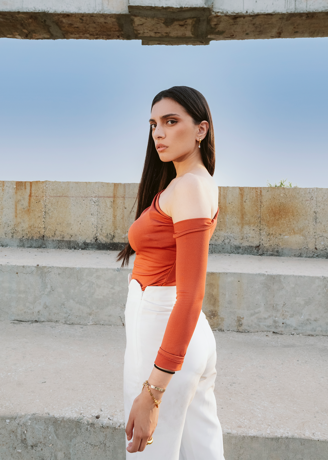 Apricot Asymmetric neck bodysuit
