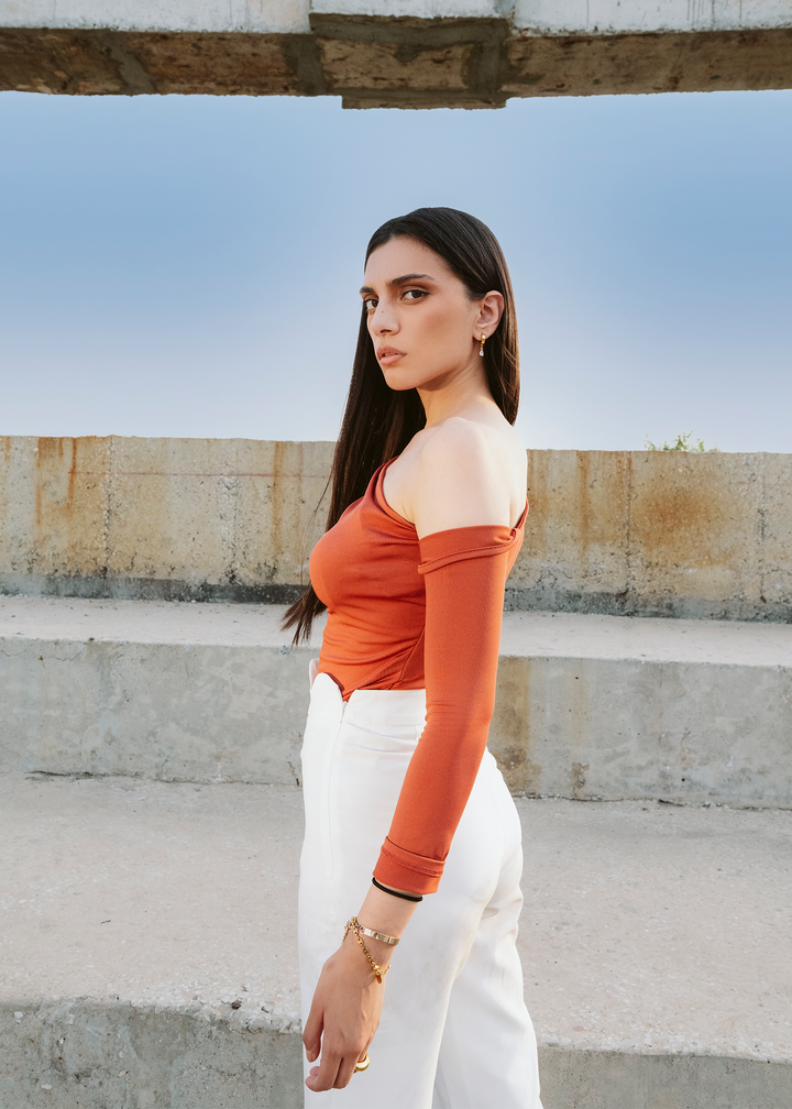 Apricot Asymmetric neck bodysuit