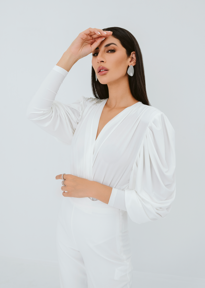Gathered sleeves bodysuit with crystal brooch