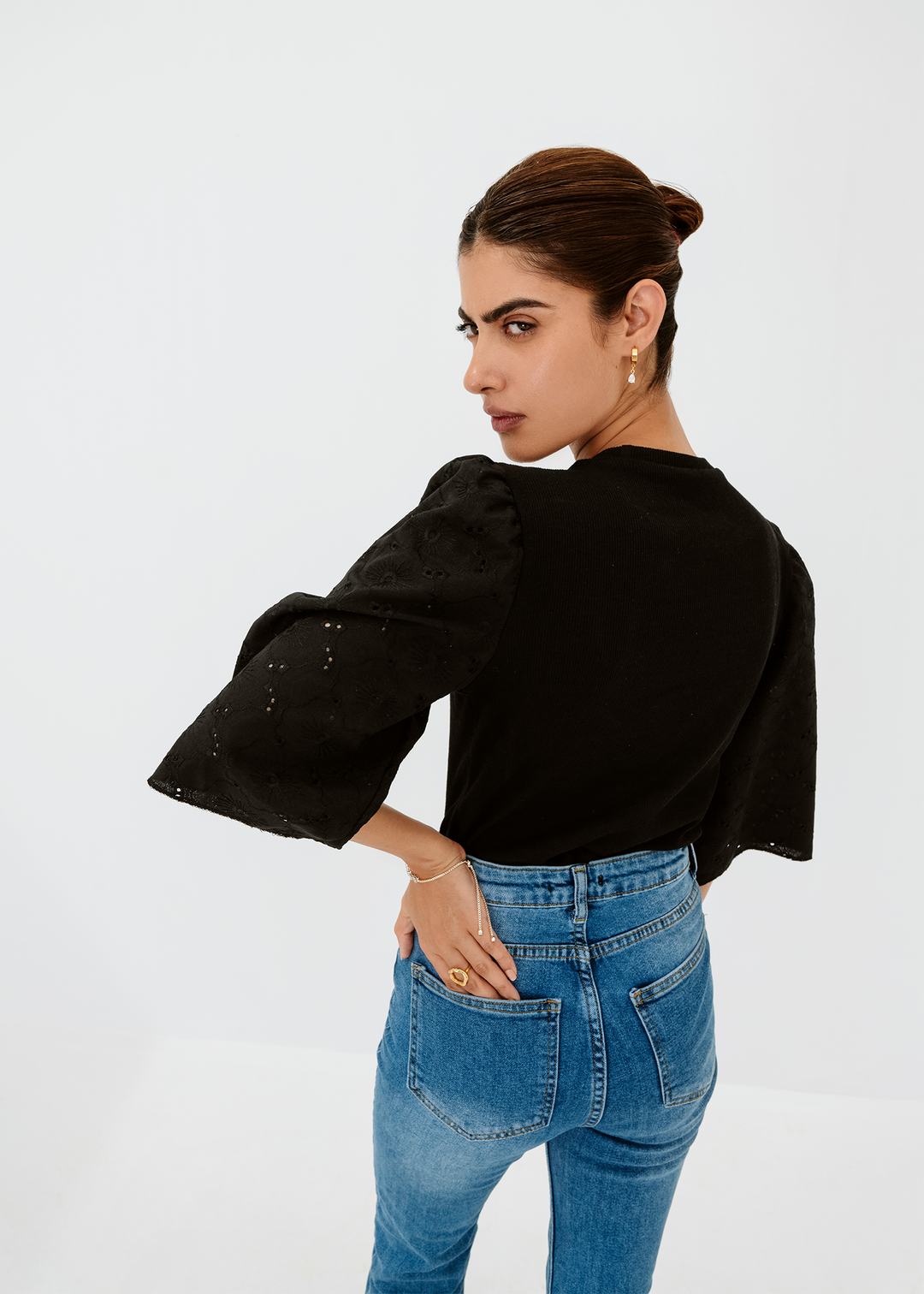 Eyelet puff sleeve top