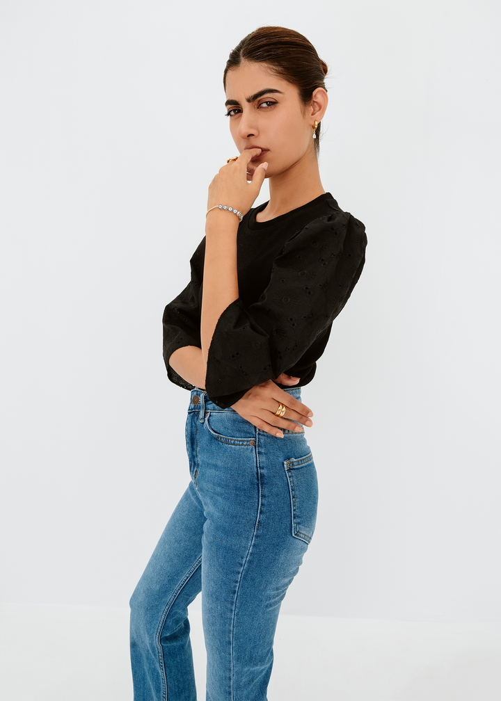 Eyelet puff sleeve top